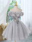 A-Line Scoop Neckline Off Shoulder Tulle Gray Short Prom Dresses With Lace Beads