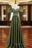 A Line Scoop Neckline Puff Sleeves Satin Long Green Prom Dresses Green Prom Dresses