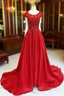 A Line Scoop Neckline Satin Lace Burgundy Long Prom Dress, Burgundy Lace Long Formal Dress