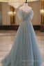A Line Scoop Neckline Tulle Gray Blue Prom Dresses Long with Sequin