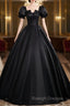 A-Line Short Sleeve Black Satin Long Prom Dresses Black Long Prom Dresses