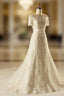 A-Line Short Sleeve Waist Lace Wedding Dress With Appliques Beading