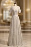 A Line Silver Sequins V Neck Short Sleeve Prom Dresses