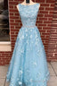 A Line Sky Blue Prom Dress Long Sleeveless Graduation Gowns,Prom Dresses