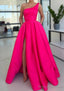 A Line Sleeveless One Shoulder Long Dress Floor Length Satin Prom Dress With Split Ruffles Pockets