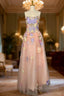 A Line Spaghetti Corset Prom Dresses With 3D Flowers Evening Dresses