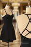 A Line Spaghetti Criss-Cross Straps Satin Black Homecoming Dresses With Pleats