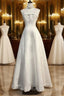 A-Line Spaghetti Strap Beaded Satin Prom Dresses Long White Wedding Dresses Graduation Prom Dresses