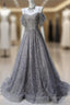 A-Line Spaghetti Strap Mesh Sequin Prom Dresses Long Graduation Prom Adult Ceremony Dresses