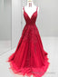 A Line Spaghetti Straps Appliques Lace Sweep Train Tulle Dress