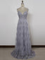 A-Line Spaghetti Straps Backless Gray Lace Prom Dress Gray Backless Prom Dress Backless Lace Prom Dress