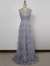 A Line Spaghetti Straps Backless Gray Lace Prom Dresses, Gray Backless Formal Dresses, Backless Lace Evening Dresses
