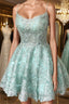 A-Line Spaghetti Straps Backless Mint Green Lace Short Prom Dress, Backless Mint Green Lace Formal Graduation Homecoming Dress