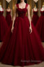 A Line Spaghetti Straps Beaded Burgundy Tulle Long Prom Dress Long Burgundy Prom Dress