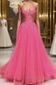A Line Spaghetti Straps Beaded Pink Lace Long Prom Dresses Pink Lace Prom Dresses Pink Tulle Prom Dresses