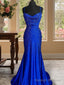 A Line Spaghetti Straps Beading Sweep Train Silk Like Satin Dress