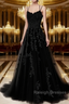 A-Line Spaghetti Straps Lace Black Prom Dress Long With Appliques Pretty Dress