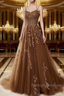 A-Line Spaghetti Straps Lace Brown Prom Dress Long With Appliques Pretty Dress
