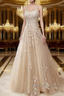 A-Line Spaghetti Straps Lace Champagne Prom Dress Long With Appliques Pretty Dress