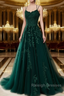 A-Line Spaghetti Straps Lace Dark Green Prom Dress Long With Appliques Pretty Dress