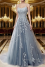 A Line Spaghetti Straps Lace Dusty Blue Prom Dresses Long With Appliques Pretty Dresses
