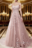 A-Line Spaghetti Straps Lace Dusty Pink Prom Dress Long With Appliques Pretty Dress