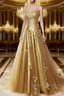 A-Line Spaghetti Straps Lace Gold Prom Dress Long With Appliques Pretty Dress