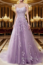 A-Line Spaghetti Straps Lace Lavender Prom Dresses Long With Appliques Pretty Dresses