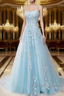 A-Line Spaghetti Straps Lace Light Blue Prom Dress Long With Appliques Pretty Dress