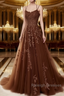 A-Line Spaghetti Straps Lace Maroon Prom Dress Long With Appliques Pretty Dress