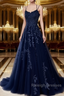 A-Line Spaghetti Straps Lace Navy Blue Prom Dress Long With Appliques Pretty Dress
