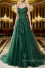 A-Line Spaghetti Straps Lace Olive Green Prom Dress Long With Appliques Pretty Dress