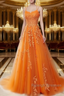 A-Line Spaghetti Straps Lace Orange Prom Dress Long With Appliques Pretty Dress