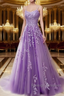 A-Line Spaghetti Straps Lace Orchid Prom Dress Long With Appliques Pretty Dress