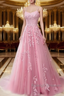 A-Line Spaghetti Straps Lace Pink Prom Dress Long With Appliques Pretty Dress
