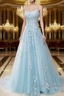 A-Line Spaghetti Straps Lace Powder Blue Prom Dress Long With Appliques Pretty Dress