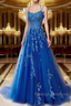 A-Line Spaghetti Straps Lace Royal Blue Prom Dress Long With Appliques Pretty Dress