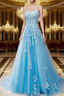 A-Line Spaghetti Straps Lace Sky Blue Prom Dress Long With Appliques Pretty Dress