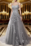 A-Line Spaghetti Straps Lace Steel Grey Prom Dress Long With Appliques Pretty Dress