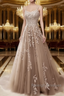 A-Line Spaghetti Straps Lace Taupe Prom Dress Long With Appliques Pretty Dress