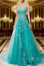 A Line Spaghetti Straps Lace Teal Prom Dresses Long With Appliques Pretty Dresses