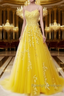 A-Line Spaghetti Straps Lace Yellow Prom Dress Long With Appliques Pretty Dress