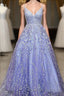 Lavender Spaghetti Straps Lace Floral A Line Prom Gowns Long Prom Dress