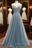 A Line Spaghetti Straps Tulle Beaded Long Prom Dress, Cute Prom Prom Dress