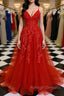 A Line Spaghetti Straps V Neck Red Lace Long Prom Dresses Red Lace Prom Dresses Red Prom Dresses
