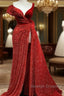 A-Line Sparkle & Shine High Split Prom Dresses V Neck Short Sleeve Court Train Satin With Sequin Slit
