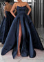 A Line Square Neckline Long Dress Floor Length Satin Prom Dress With Pockets Split