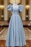 A Line Square Neckline Puff sleeves Long Blue Prom Dress, Blue Long Formal Dress