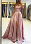 A-line Square Neckline Sleeveless Satin Sweep Train Prom Dresses With Pleated