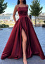 A Line Square Neckline Spaghetti Straps Long Dress Floor Length Satin Prom Dress With Split Pockets